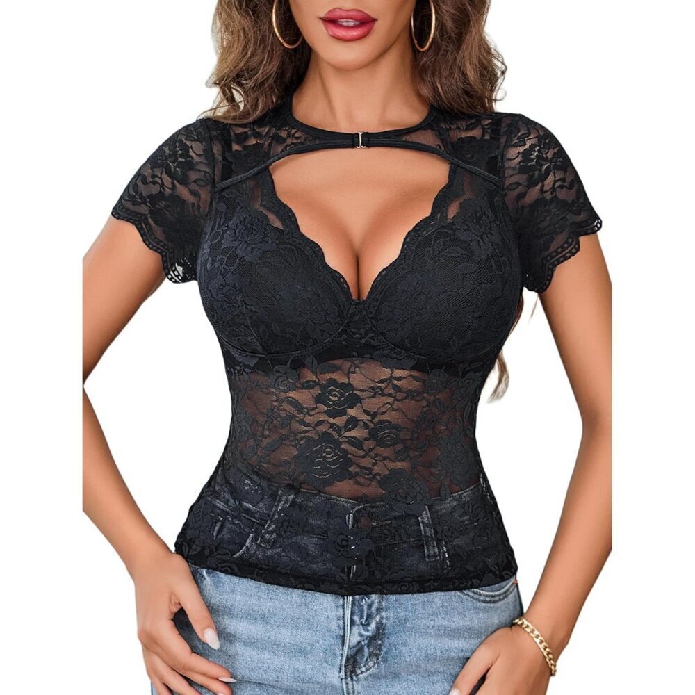 Women's Lace Mesh Short Sleeve Top Floral Sheer See Through Blouse